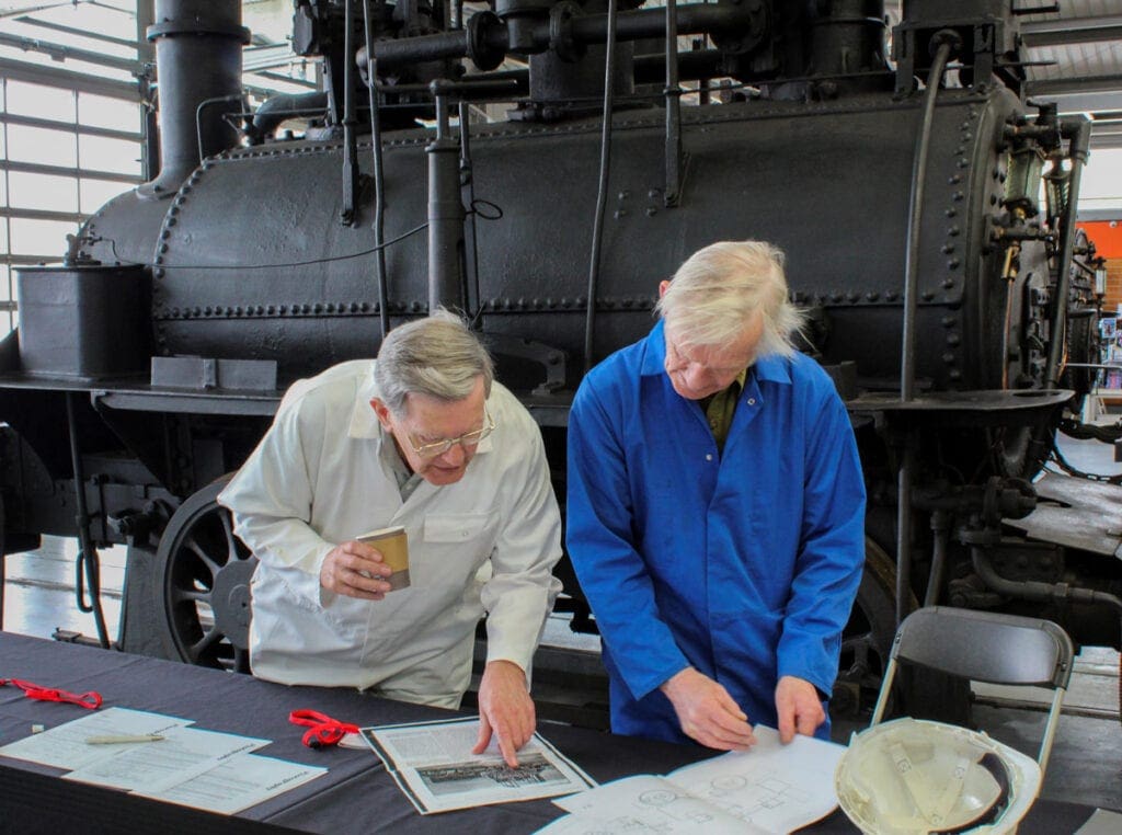 Dr Michael Bailey and Peter Davidson with the Hetton locomotive.